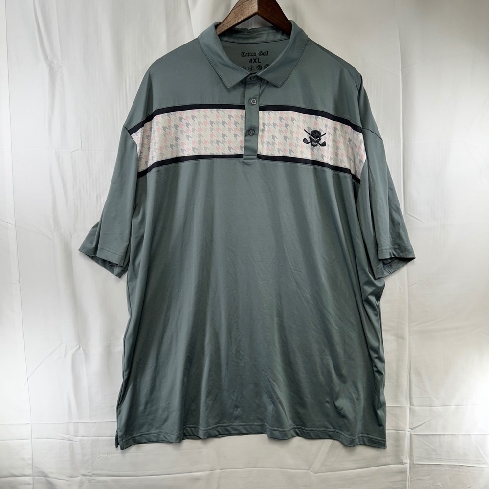 Tattoo Golf Polo Shirt Mens 4XL Grey Houndstooth Skull Logo Performance Stretch